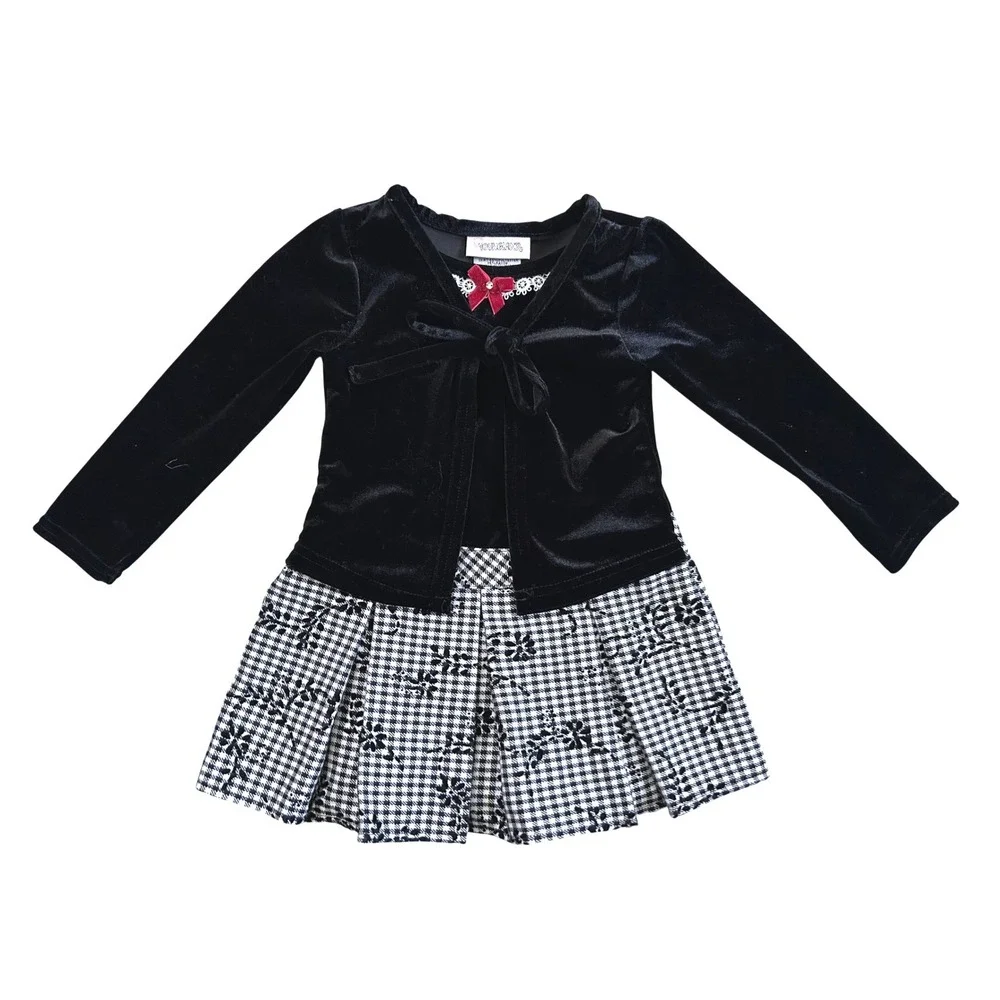 Youngland Holiday Dress Shrug Set Kids Black Velvet Houndstooth Floral 18 Months